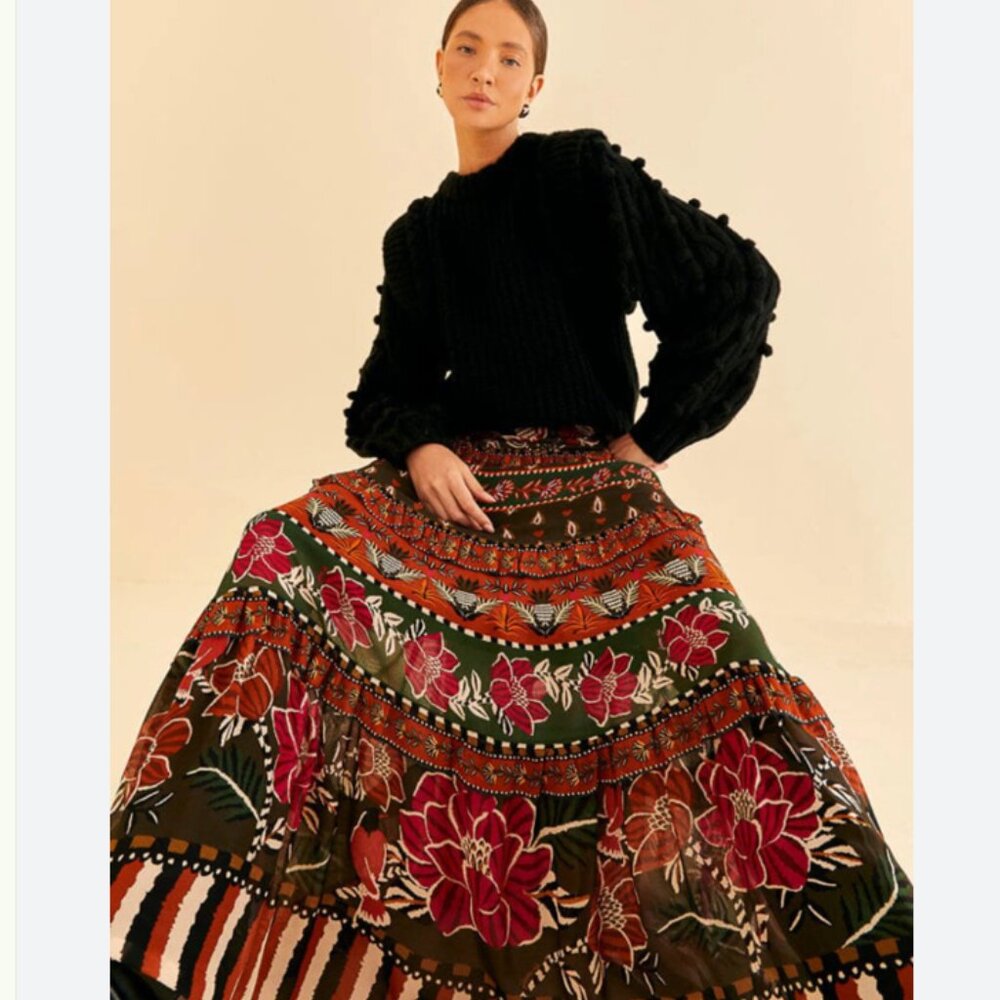 NWT Farm Rio Multicolor Ainika Floral Garden Tiered Maxi Skirt
